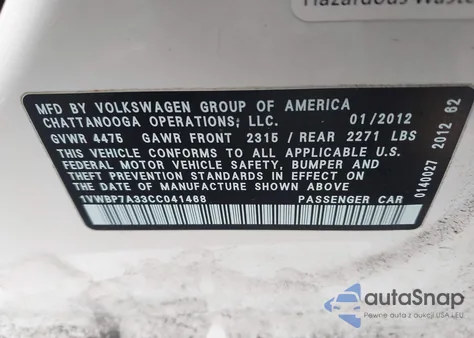 2012 Volkswagen Passat 2.5L Se z USA, uszkodzony, nr VIN 1VWBP7A33CC041468